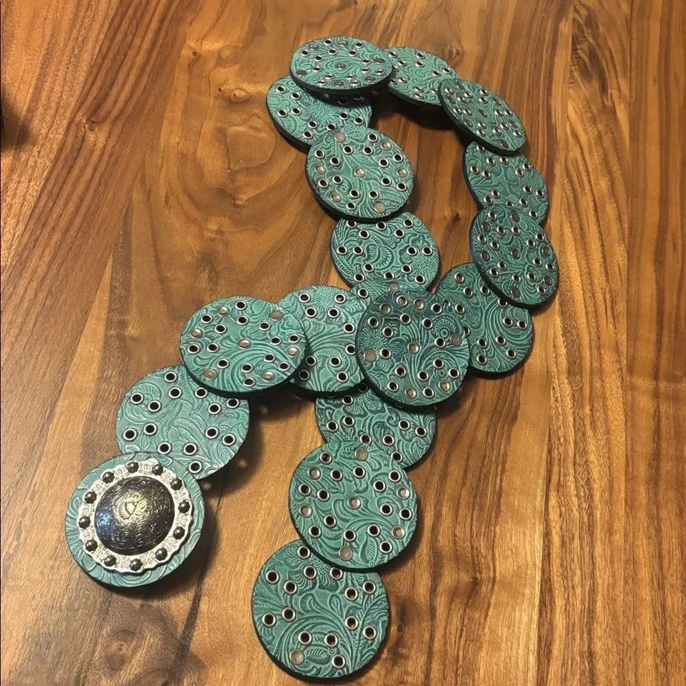 Boho Turquoise Embossed Leather Disc Belt - Large